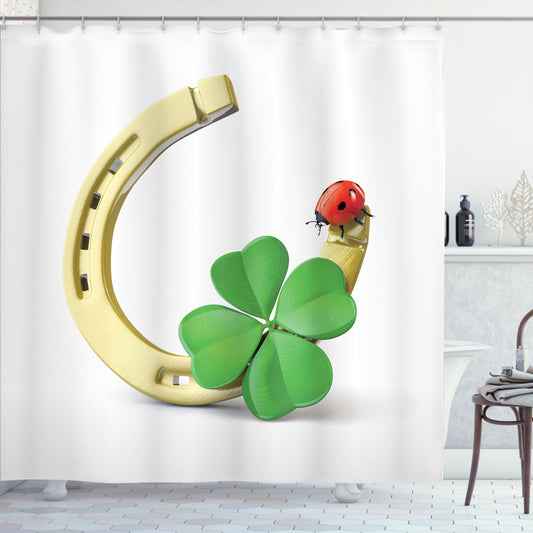 Clover and Ladybug Horseshoe Shower Curtain in Grey, Yellow, Vermilion, and Green