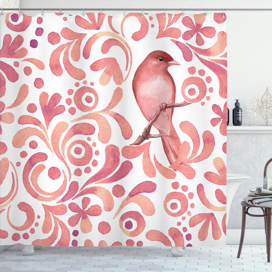 Birds and Sea-Inspired Salmon, Peach, and Coral Patterned Shower Curtain