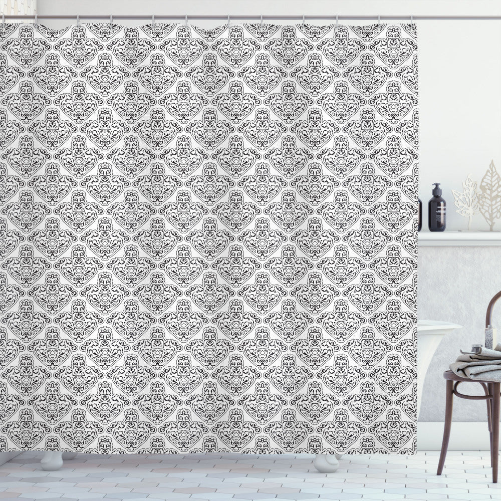 Victorian Inspired Grotesque Motif Pattern in Charcoal Grey and White Shower Curtain