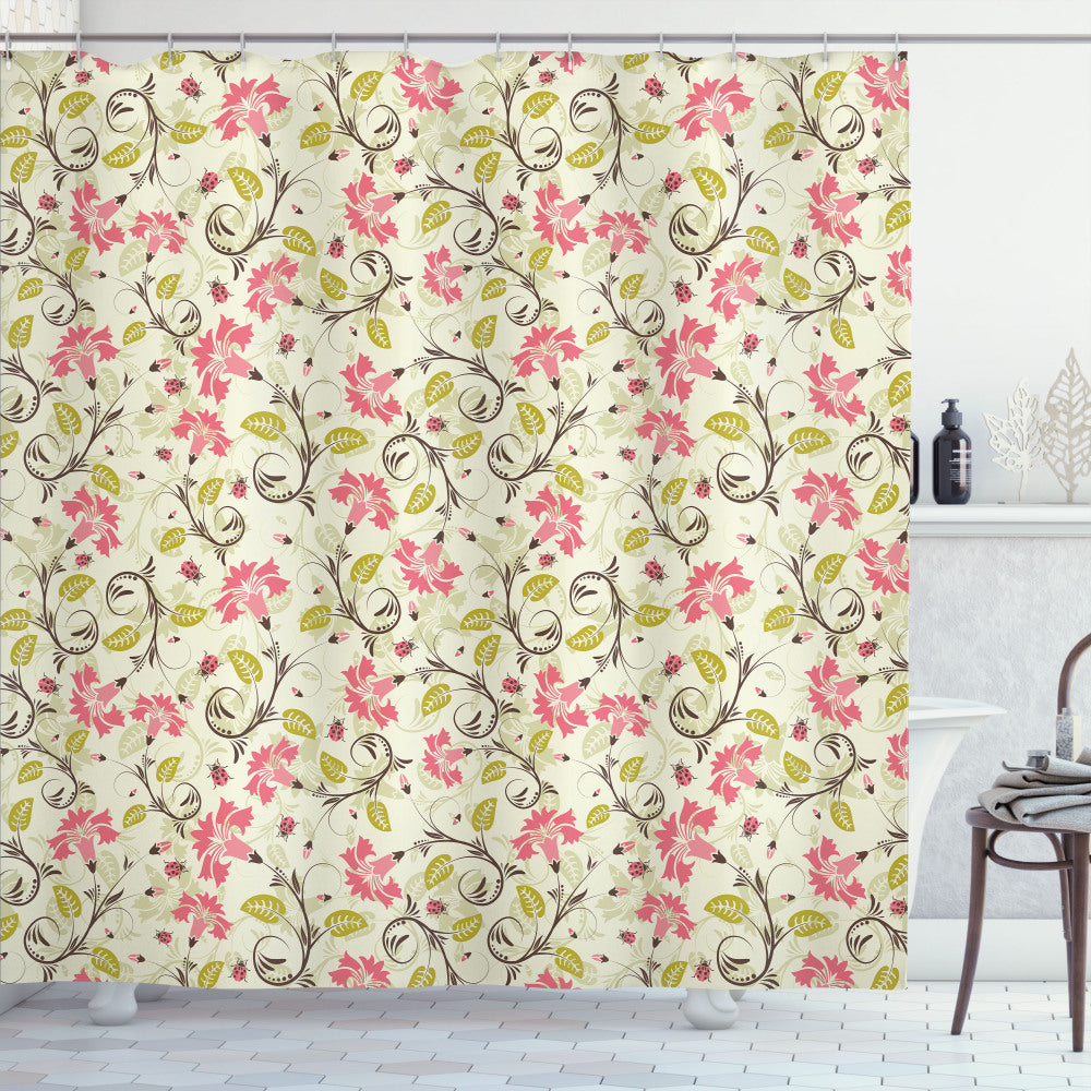 Beautiful Bridal Flower Patterns Shower Curtain with Ladybugs, Pale Green, and Pink Accents