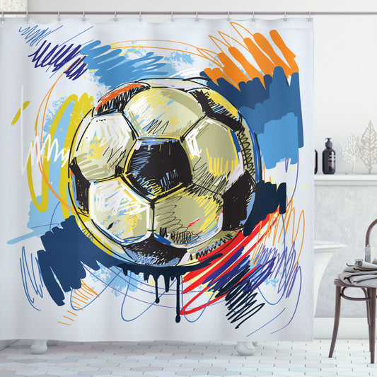 Vibrant Multicolor Soccer Shower Curtain with Detailed Design