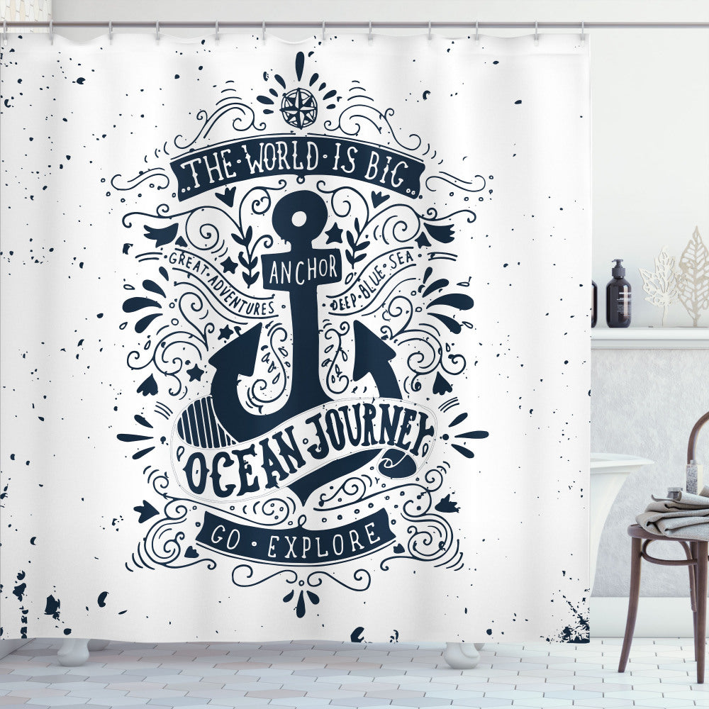 Adventure Exploration Themed Anchor Design Dark Blue and White Shower Curtain