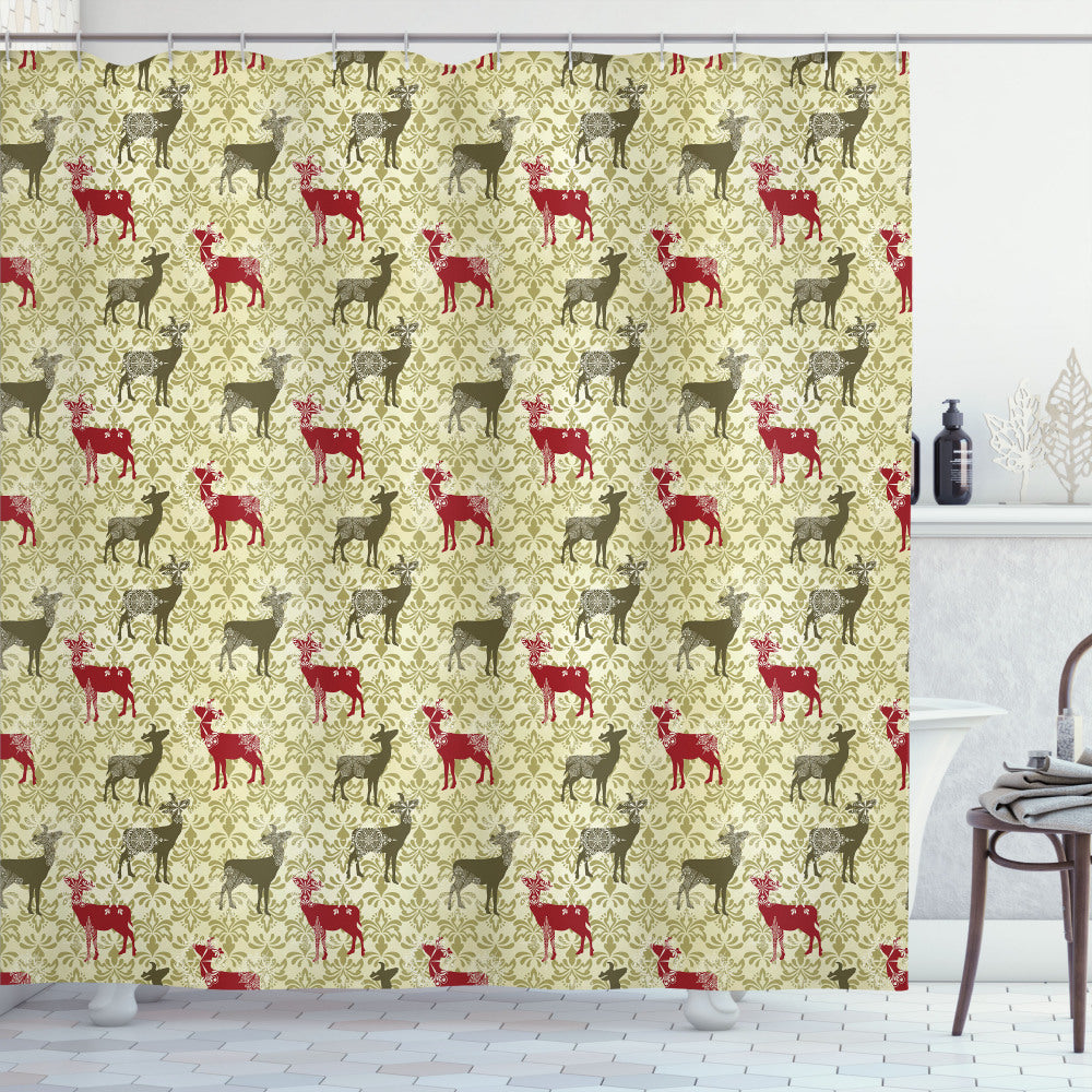 Christmas Damask Snowflake Deer Shower Curtain in Dark Green, Avocado Green, and Red