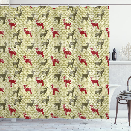 Christmas Damask Snowflake Deer Shower Curtain in Dark Green, Avocado Green, and Red