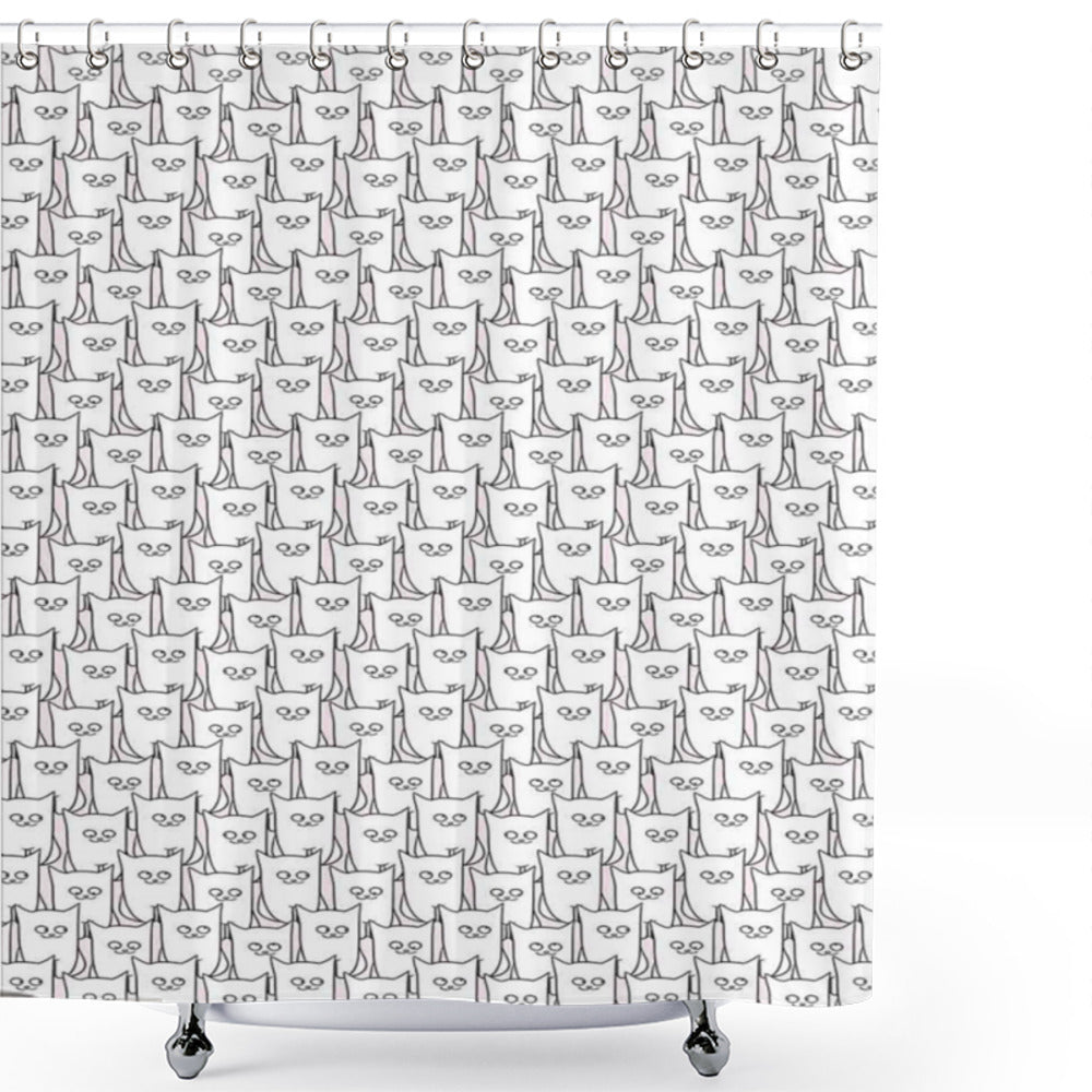 Whimsical Doodle Style House Cats Funny Shower Curtain in Pale Pink, White, and Black