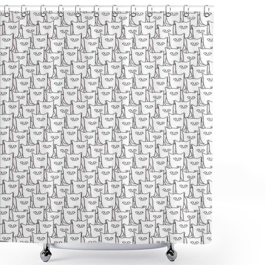 Whimsical Doodle Style House Cats Funny Shower Curtain in Pale Pink, White, and Black