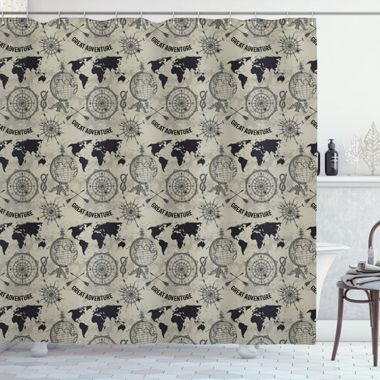 Vintage Adventure Art: Travel-inspired Dusk Charcoal Grey Shower Curtain Collection