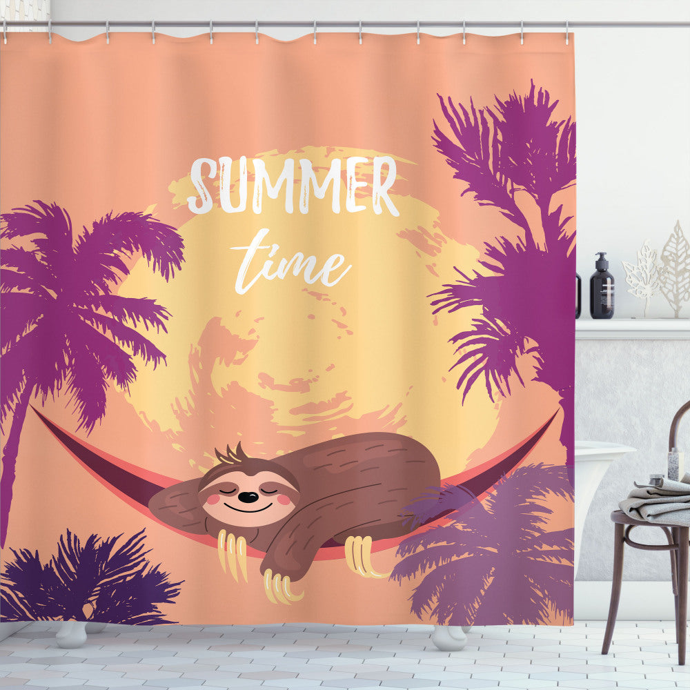 Chill Out in Summer with a Funny Sloth: Peach, Dark Magenta, Pale Chocolate, and Mustard Shower Curtain