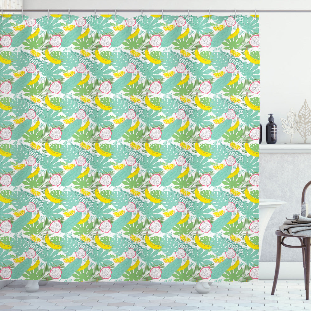 Tropical Monstera Banana Leaf Shower Curtain in Sea Green, Yellow, Olive Green, and Pink Tones