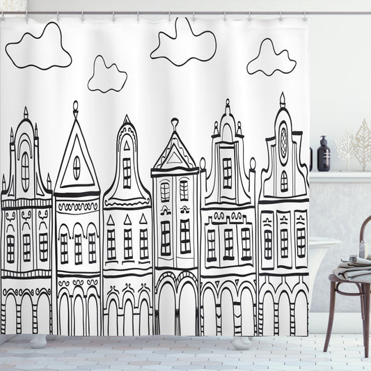 Charming Village Houses Theme - Amsterdam Inspired Black and White Shower Curtain