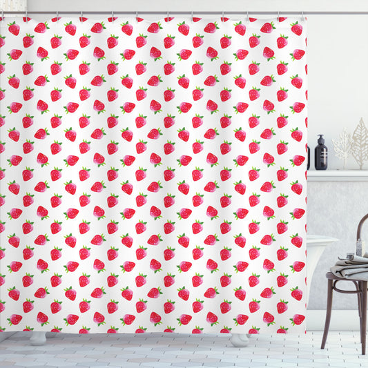 Watercolor Strawberry and Dark Coral on White Bath Curtain Art