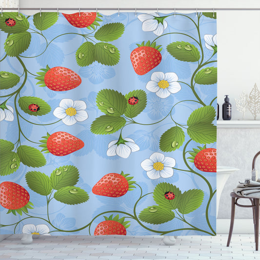 Vintage Strawberry Daisy Bath Curtain with Ladybugs, Green, Blue, and Red