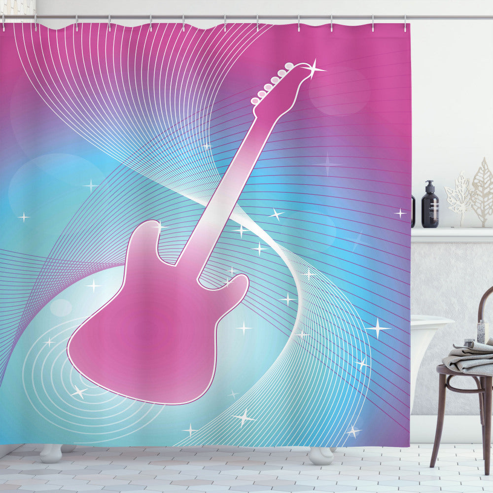 Vibrant Guitar Music Inspired Shower Curtain in Hot Pink and Aqua