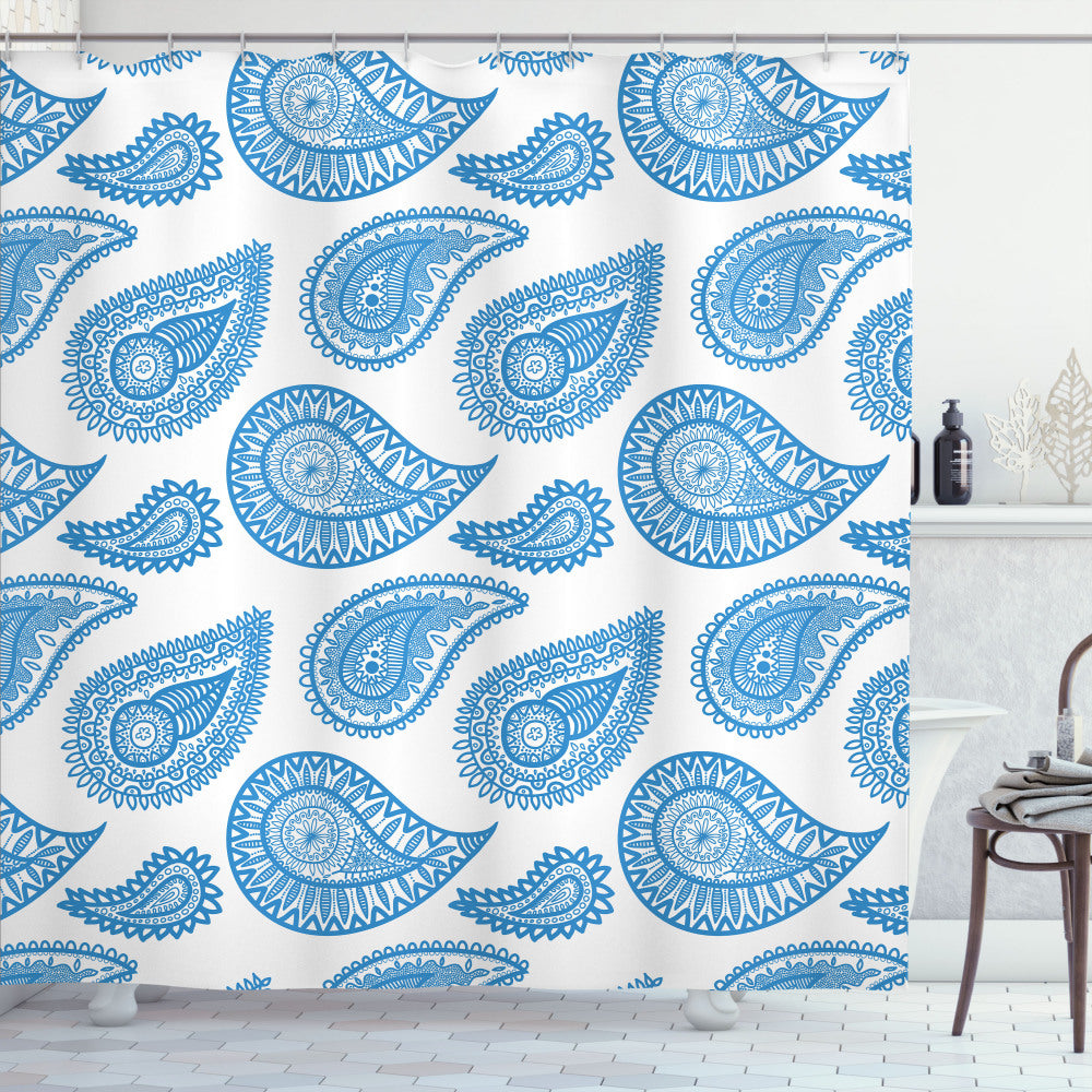 Abstract Fusion of Traditional Asian Motifs: Paisley, Azure Blue, and White Shower Curtain