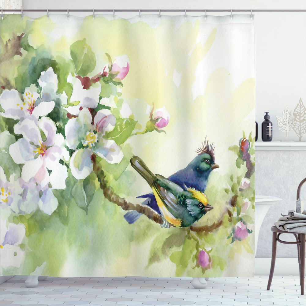 Watercolor Birds and Spring Flowers Shower Curtain in Reseda Green and Yellow