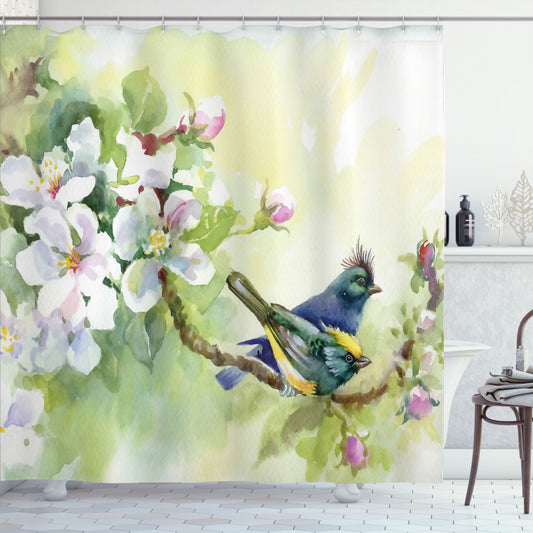 Watercolor Birds and Spring Flowers Shower Curtain in Reseda Green and Yellow