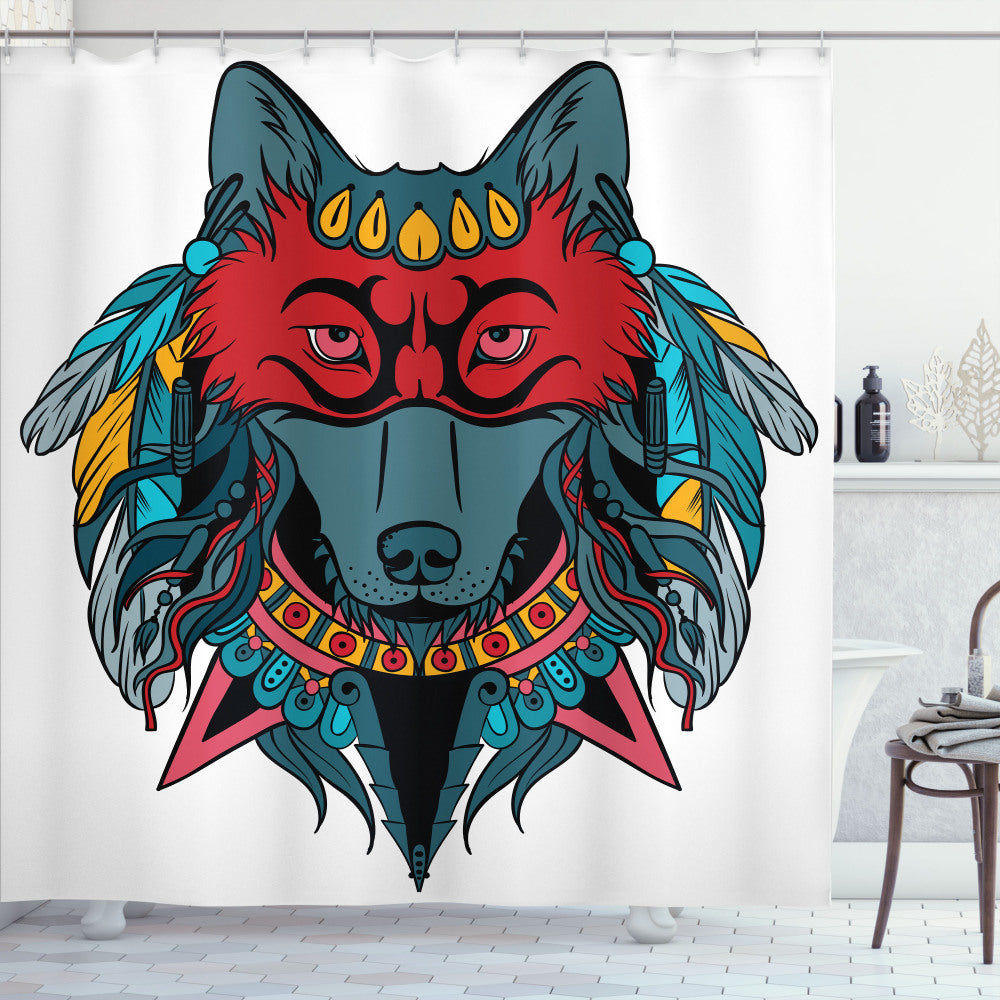 White, Teal, and Red Tribal Wolf Animal Theme Shower Curtain