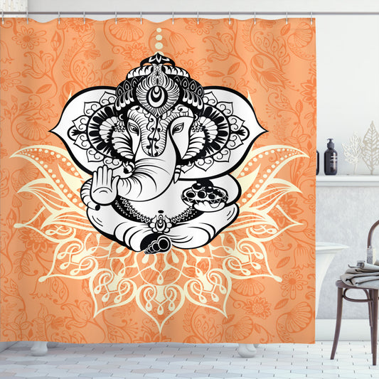 Vibrant Pop Art Asian Elephant Shower Curtain in Asian-Inspired Orange and Yellow Colors