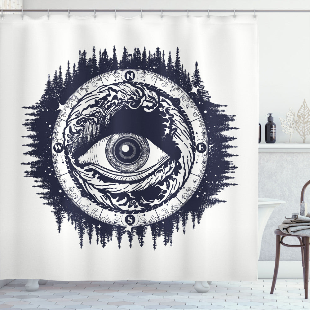 White and Dark Blue Compass-themed All Seeing Eye Shower Curtain