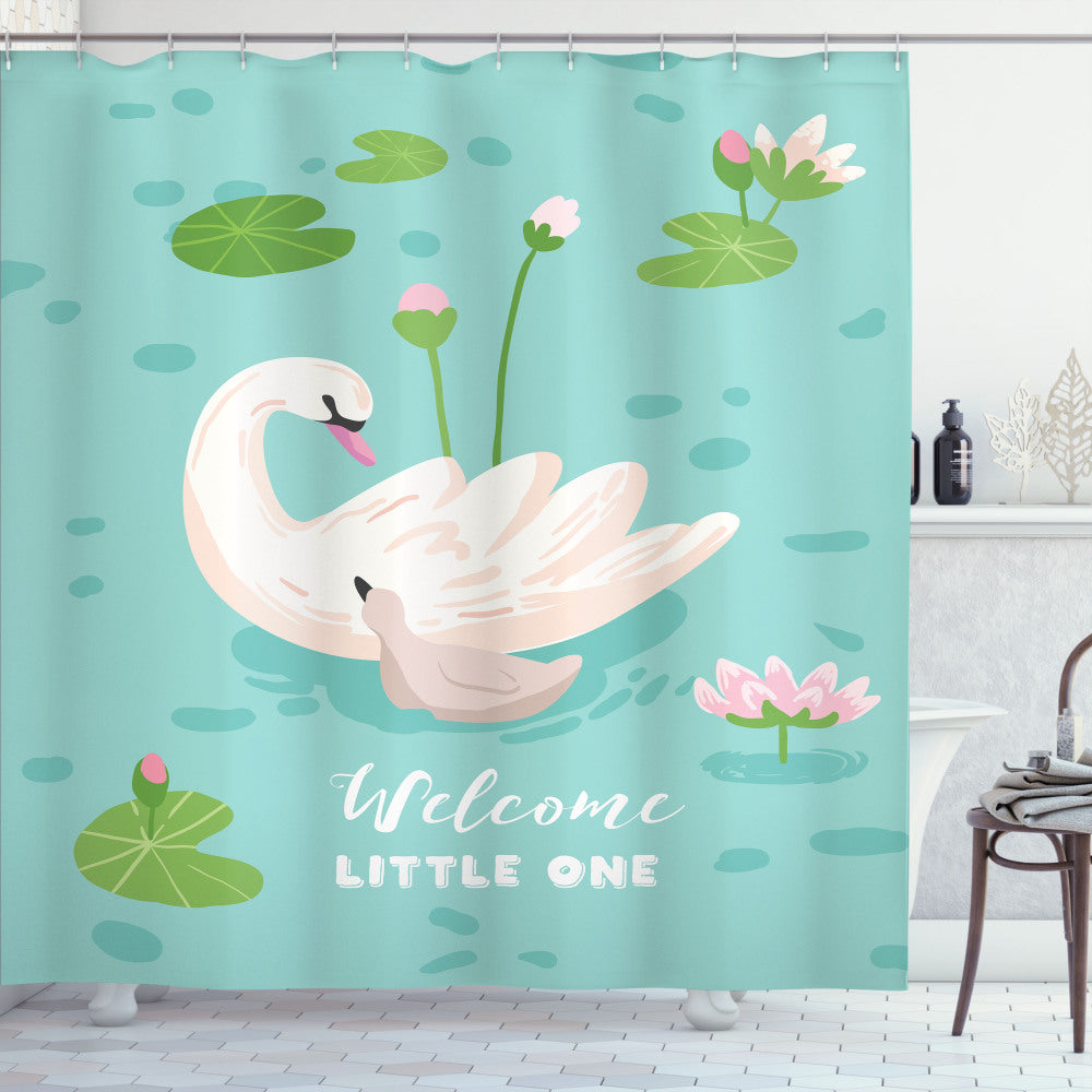 Welcome Baby Swan: Shower Curtain in Lime Green, Pale Eggshell, Rose, and Seafoam