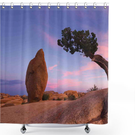 Twilight Americana: Bonsai Rocks Bath Curtain in Violet Blue, Pale Brown, and Pink