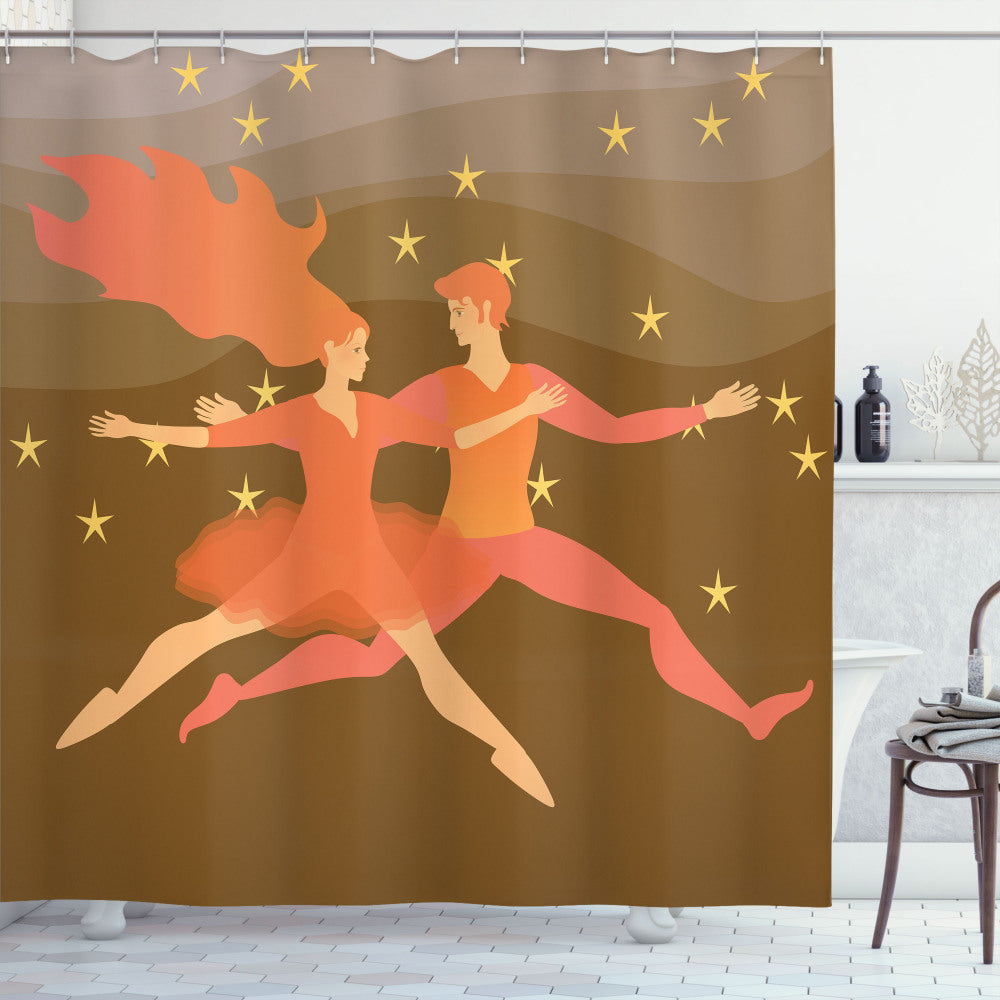 Zodiac-Inspired Shower Curtain in Pale Coffee, Yellow, and Coral for Space-Loving Couples