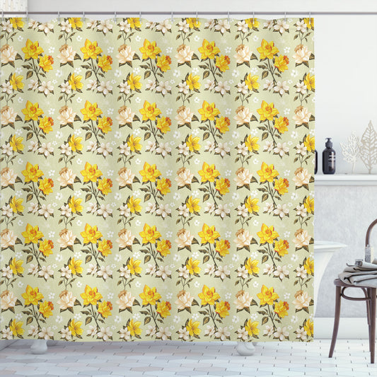 Vintage Narcissus Wildflowers Shower Curtain in Pale Green, Yellow, and Cream Colors