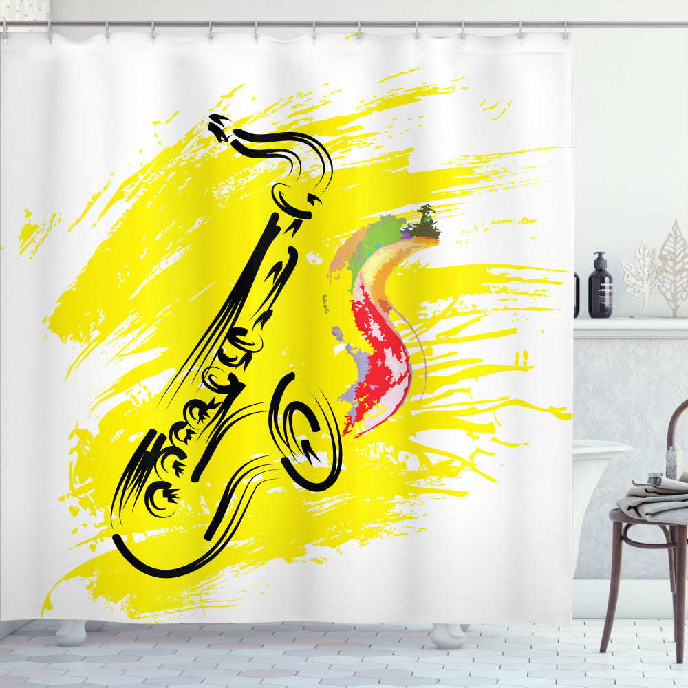 Yellow and Black Jazz Saxophone-themed Shower Curtain