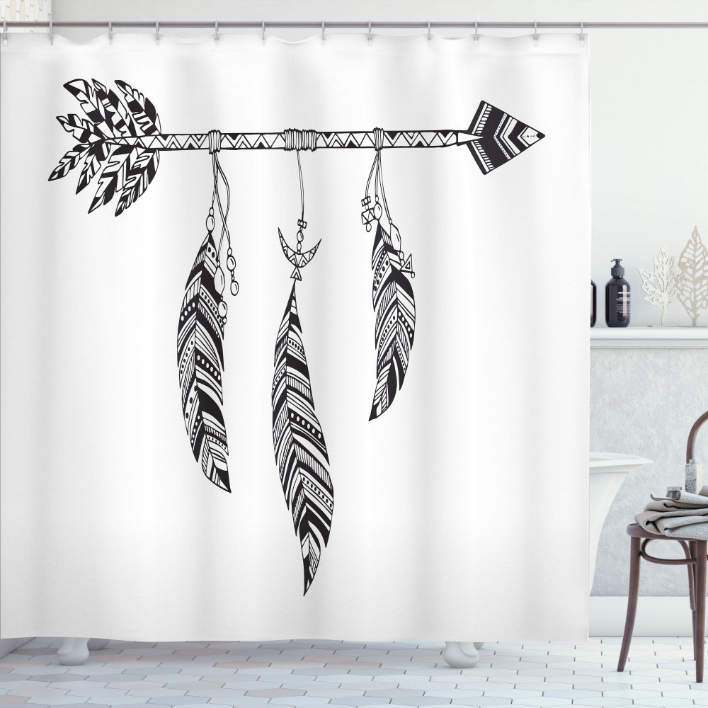 Bohemian Feather Arrow Design Shower Curtain in White and Black Color Theme