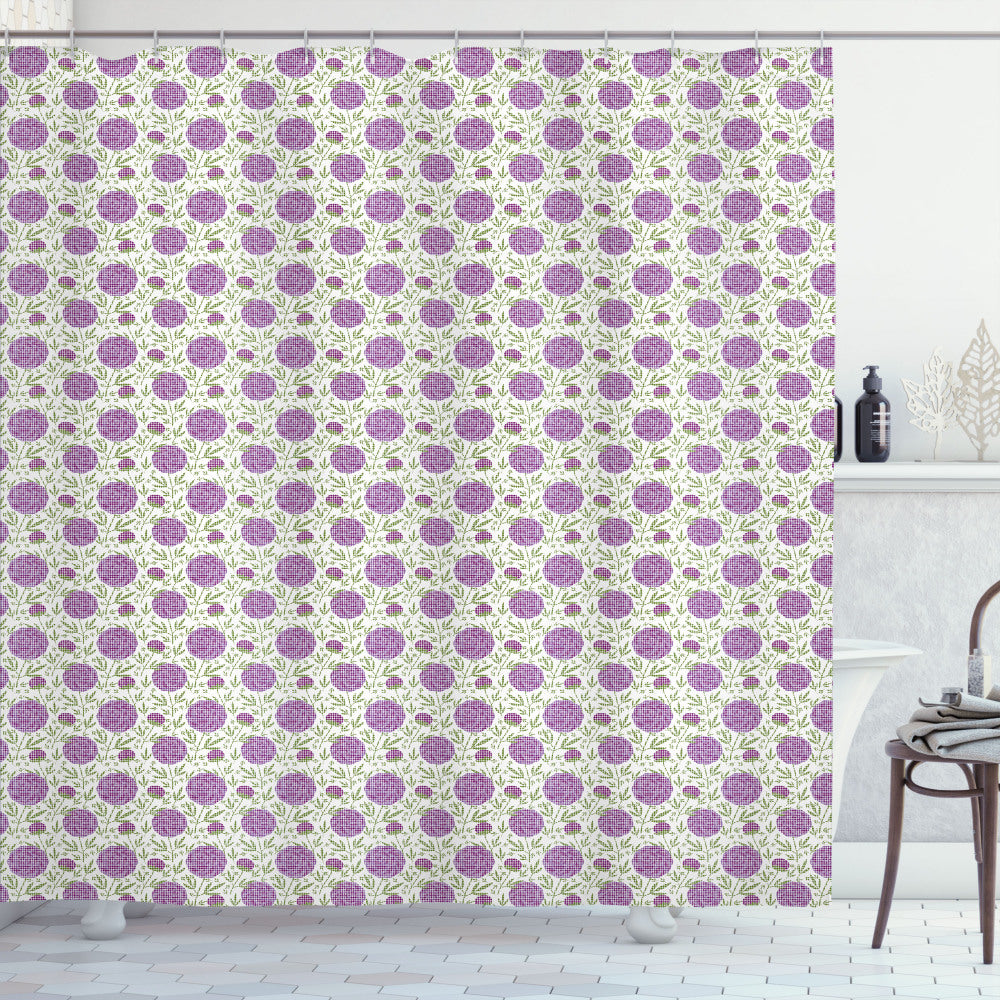 Vibrant Floral Pixel Dots Bath Curtain in Flower, Violet, White, and Green Color Palette