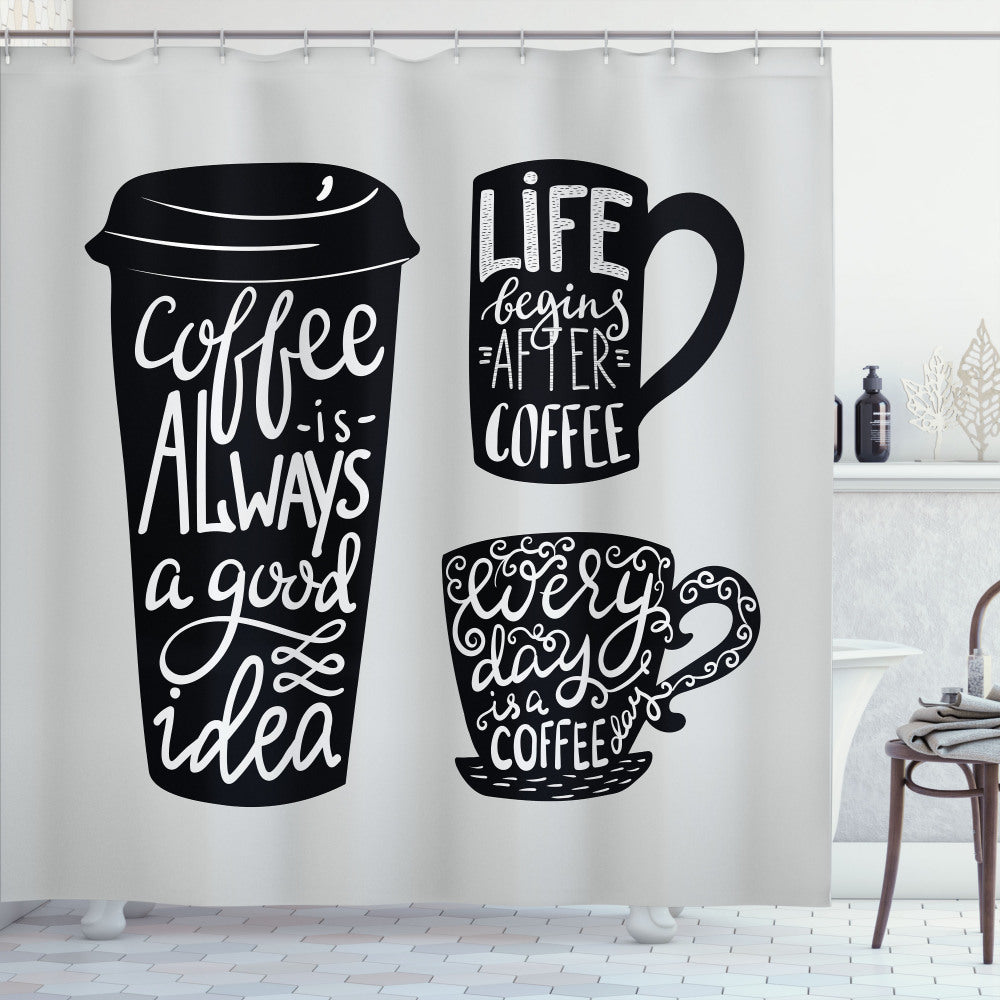 Coffee and Pale Grey Silhouette Container Bath Curtain in Black