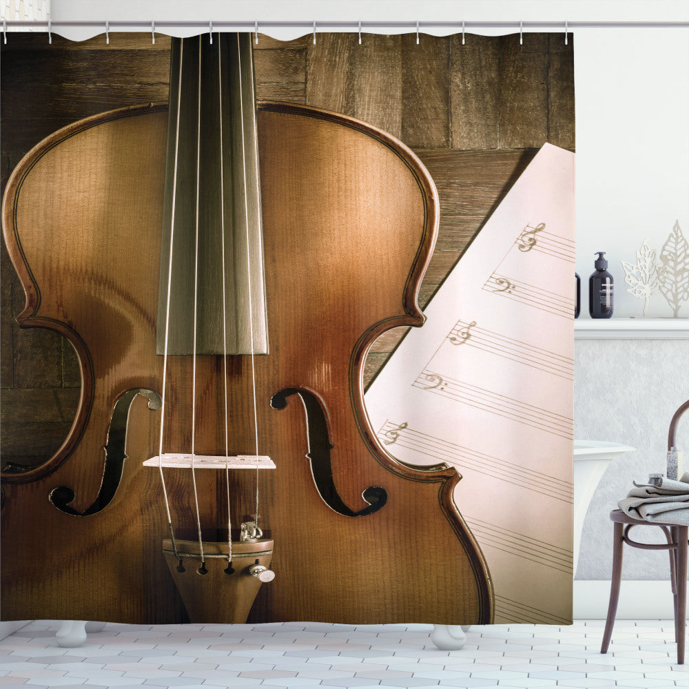 Violin-Inspired Umber, Pearl, and Green Brown Music Sheet Shower Curtain