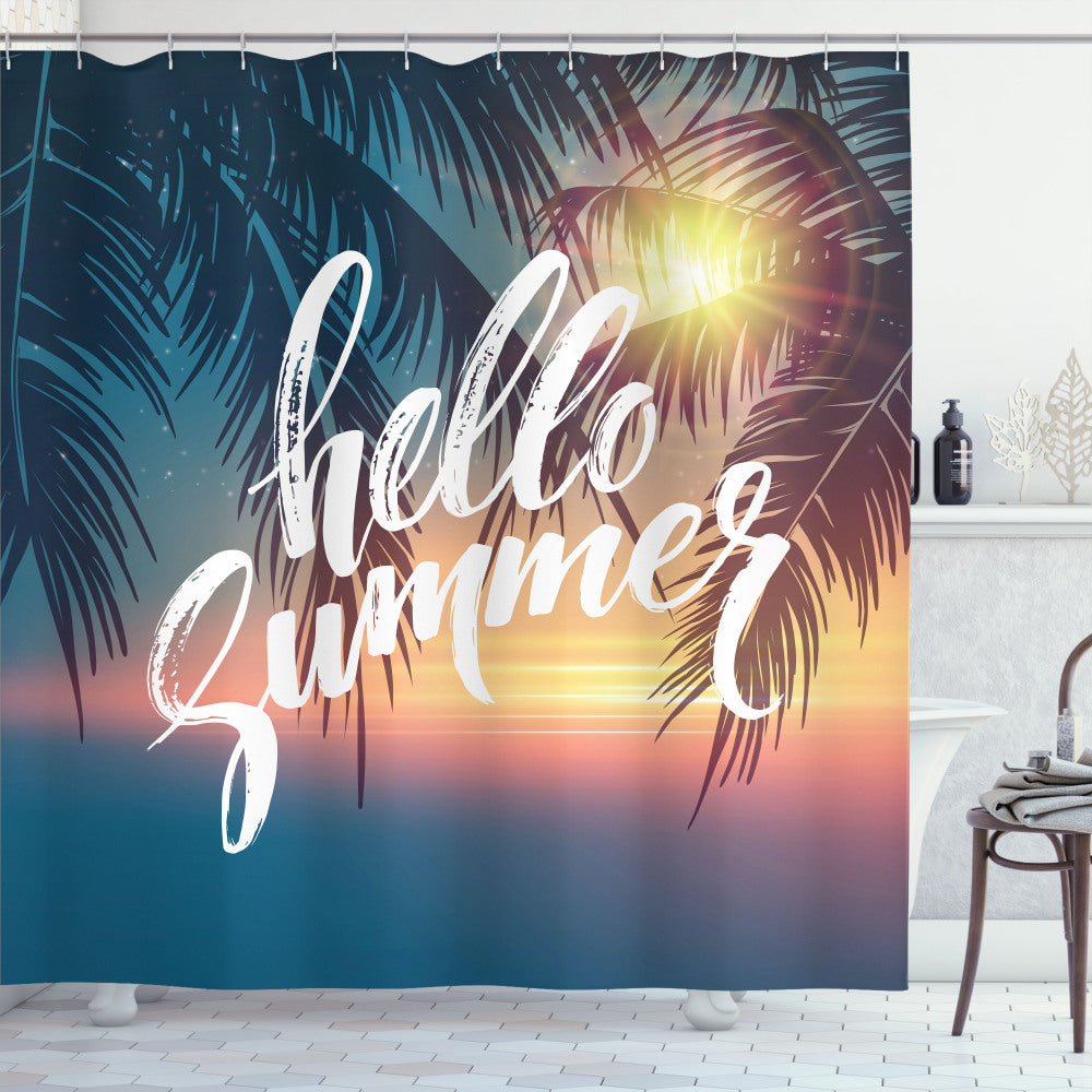 Tropic Paradise Beach Themed Palm Tree, Orange, and Blue Shower Curtain