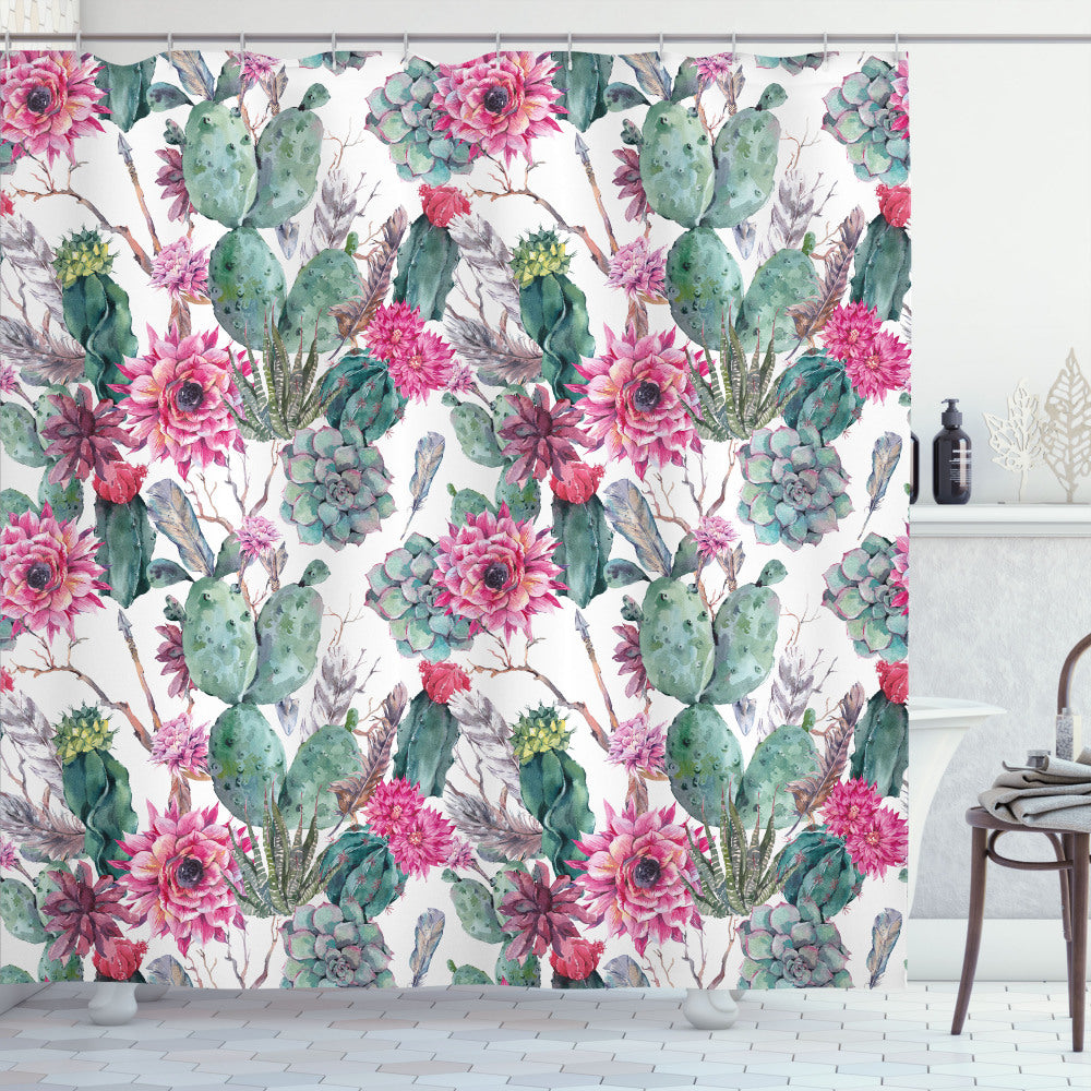 Boho Style Spring Blooms Shower Curtain with Cactus and Multicolor Accents