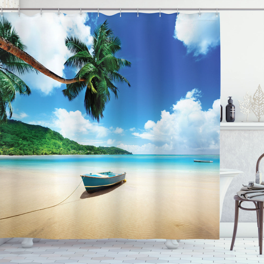 Brown Sand Beach Scene on Mahe Island with Boat: Vibrant Blue and Green Ocean View - Shower Curtain