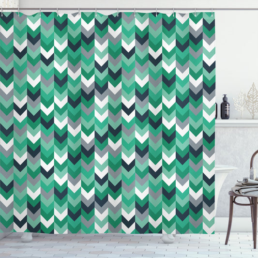 Symmetric Chevron Zig Zag Lines in Forest Green, Seafoam, and Dimgrey - Shower Curtain