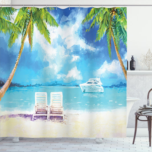 Tropical Paradise: Exotic Beach Palms Vintage Boat Multicolor Shower Curtain