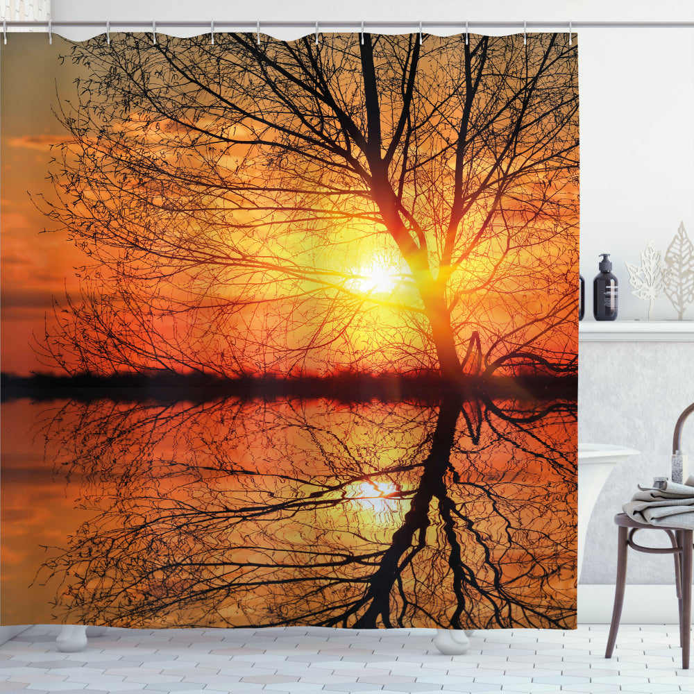 Autumnal Sunset Silhouette with Orange and Black Trees - Shower Curtain