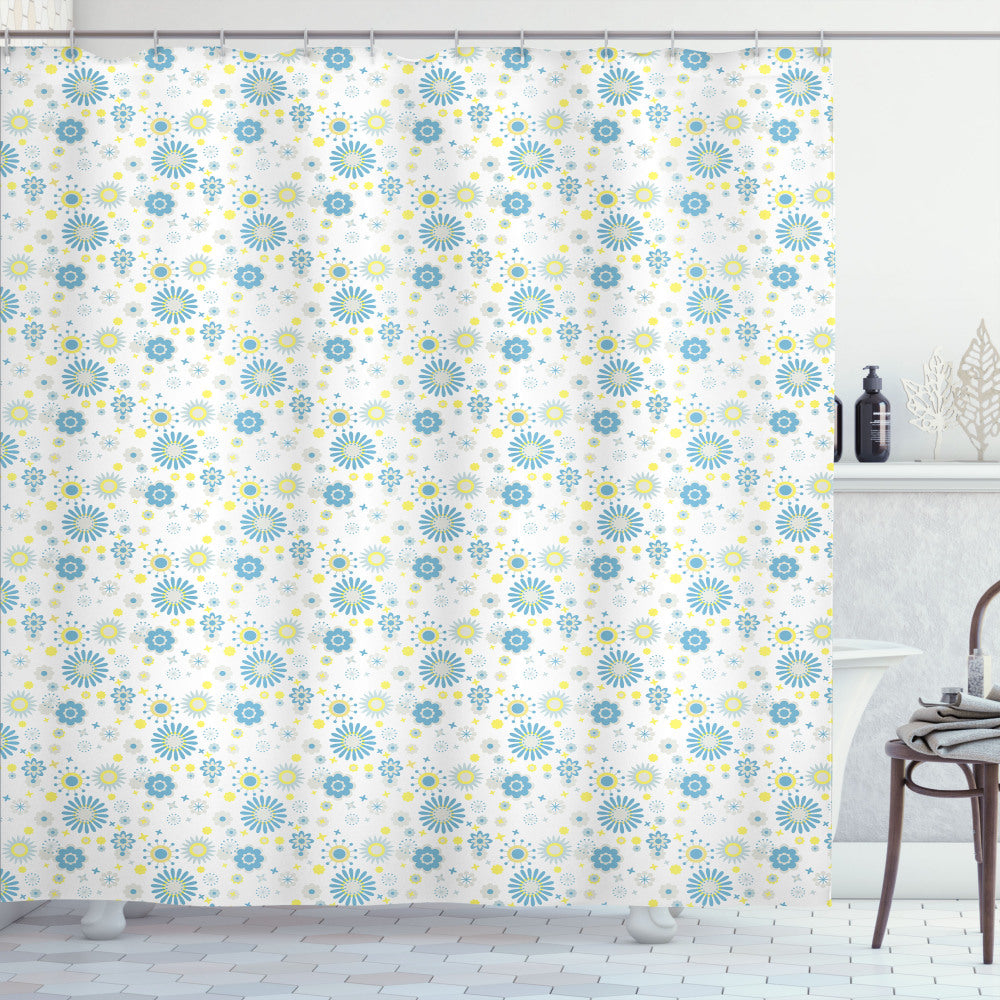 Yellow and Blue Floral Scrapbook Inspired Shower Curtain in Pale Grey