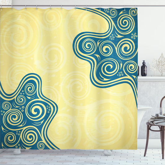 Abstract Vintage Floral Spiral Design Yellow and Blue Shower Curtain