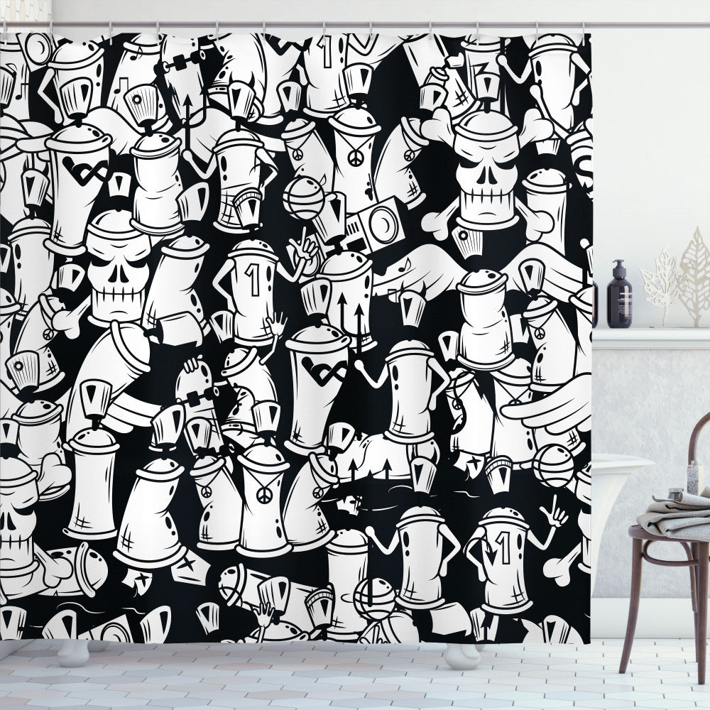 Urban Graffiti Inspired Devil Spray Paint Can Design for White and Black Shower Curtains