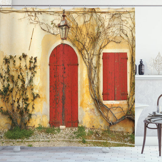 Tuscan House Aged Doors: Yellow, Beige, and Red Shutters