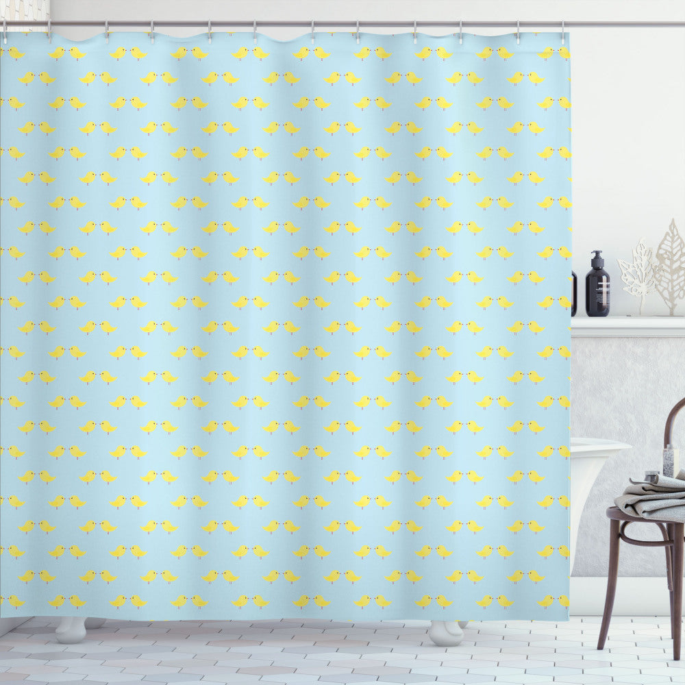 Adorable Tiny Baby Chickens themed Shower Curtain in Yellow Bird, Baby Blue, Pastel Yellow, and Dark Pink