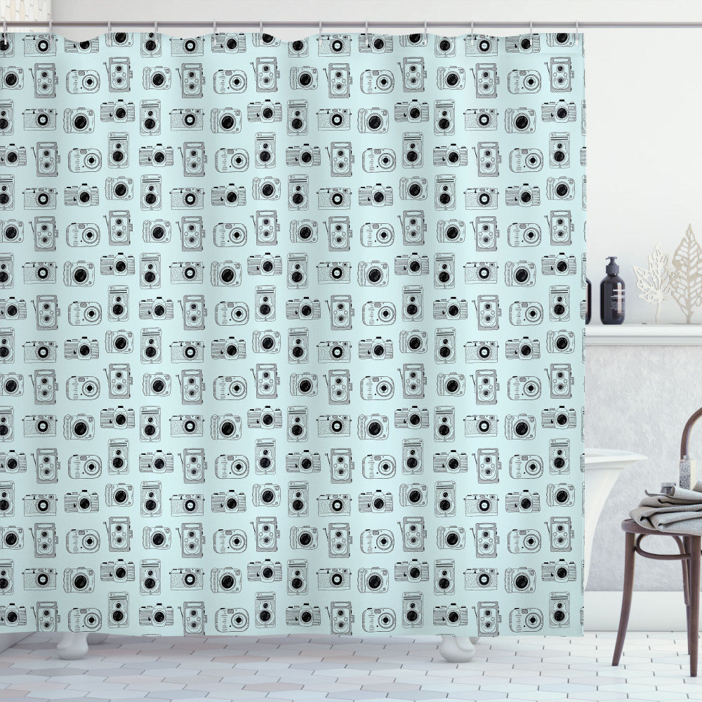 Vintage Camera Design on Pale Blue and Black Shower Curtain