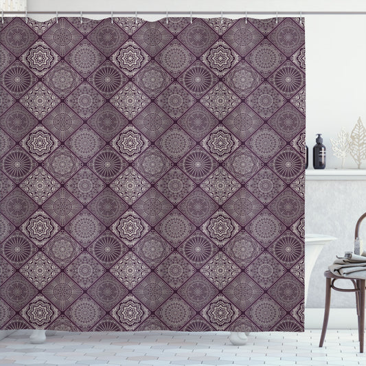 Vintage Oriental Frames: Mandala and Eggplant on a White Background - Shower Curtain