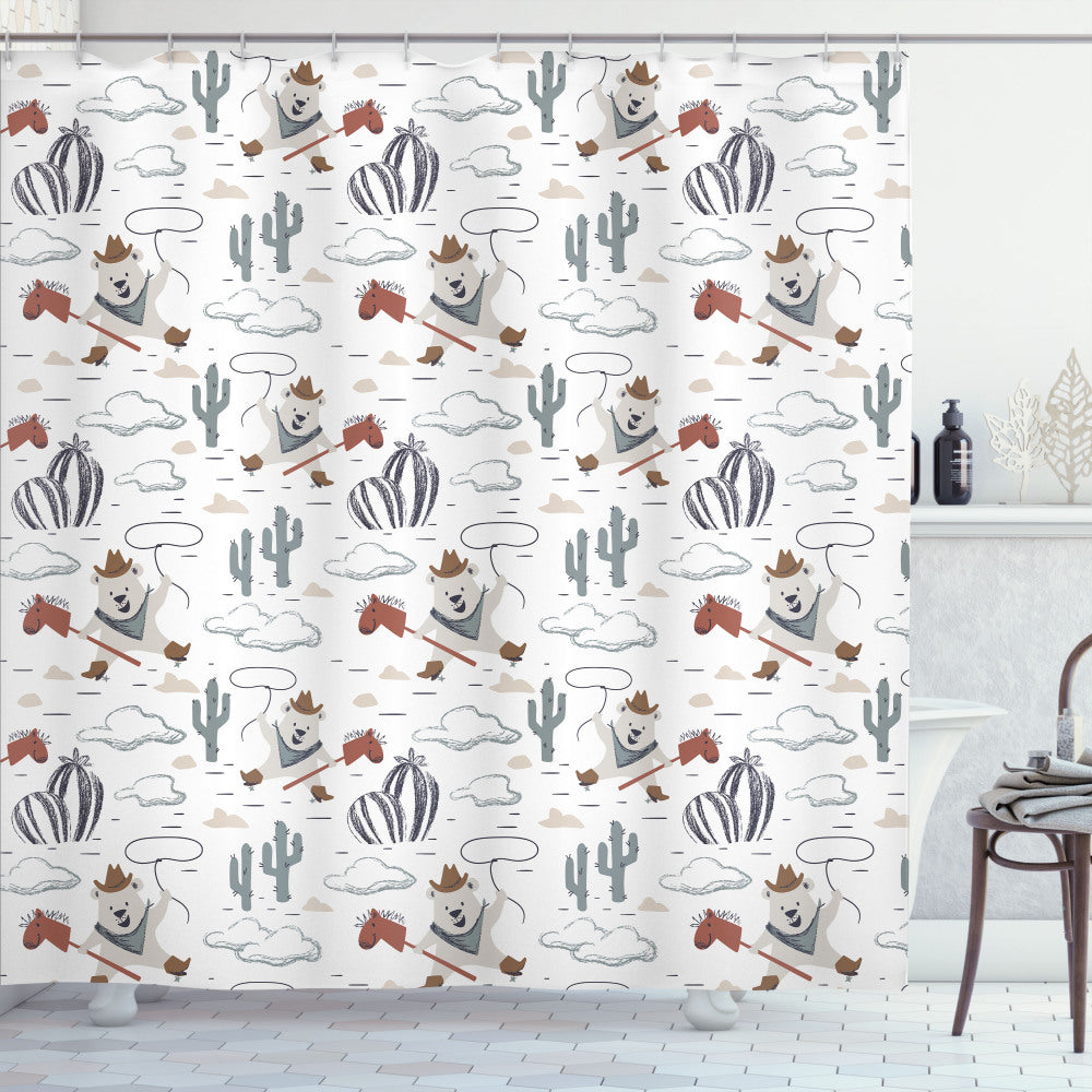 Wild West Cowboy Bear Theme Nursery Bath Curtain in Pale Tan, Pale Chocolate, and Pale Teal Cocoa Color Scheme