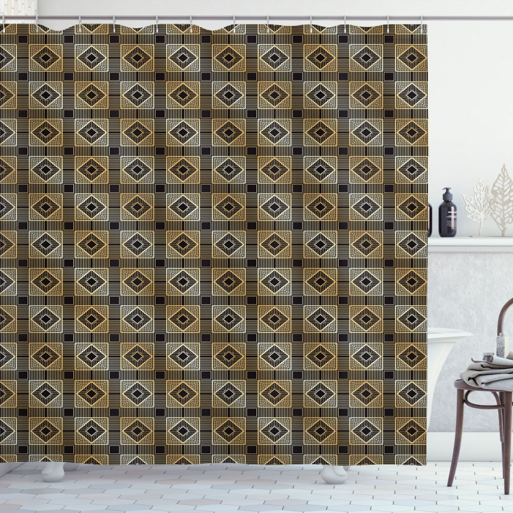 Art Deco Inspired Castellated Diamonds Shower Curtain in Dark Brown and Sand Brown Color Palette