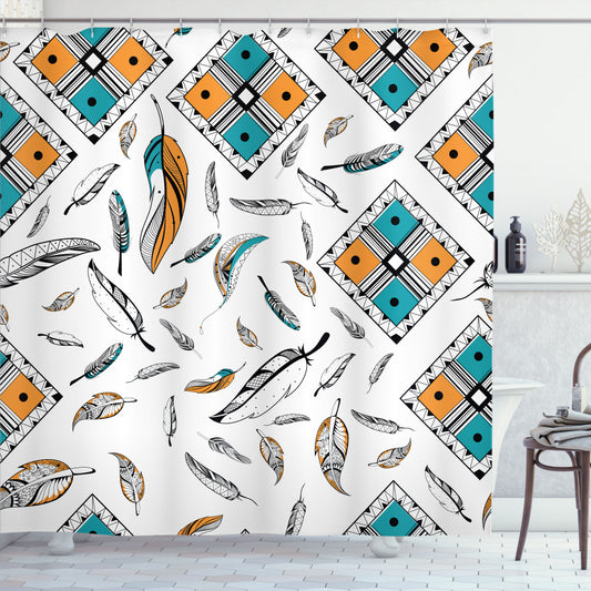 Boho-Chic Feather Shower Curtain in Orange, Black, and Teal Colors