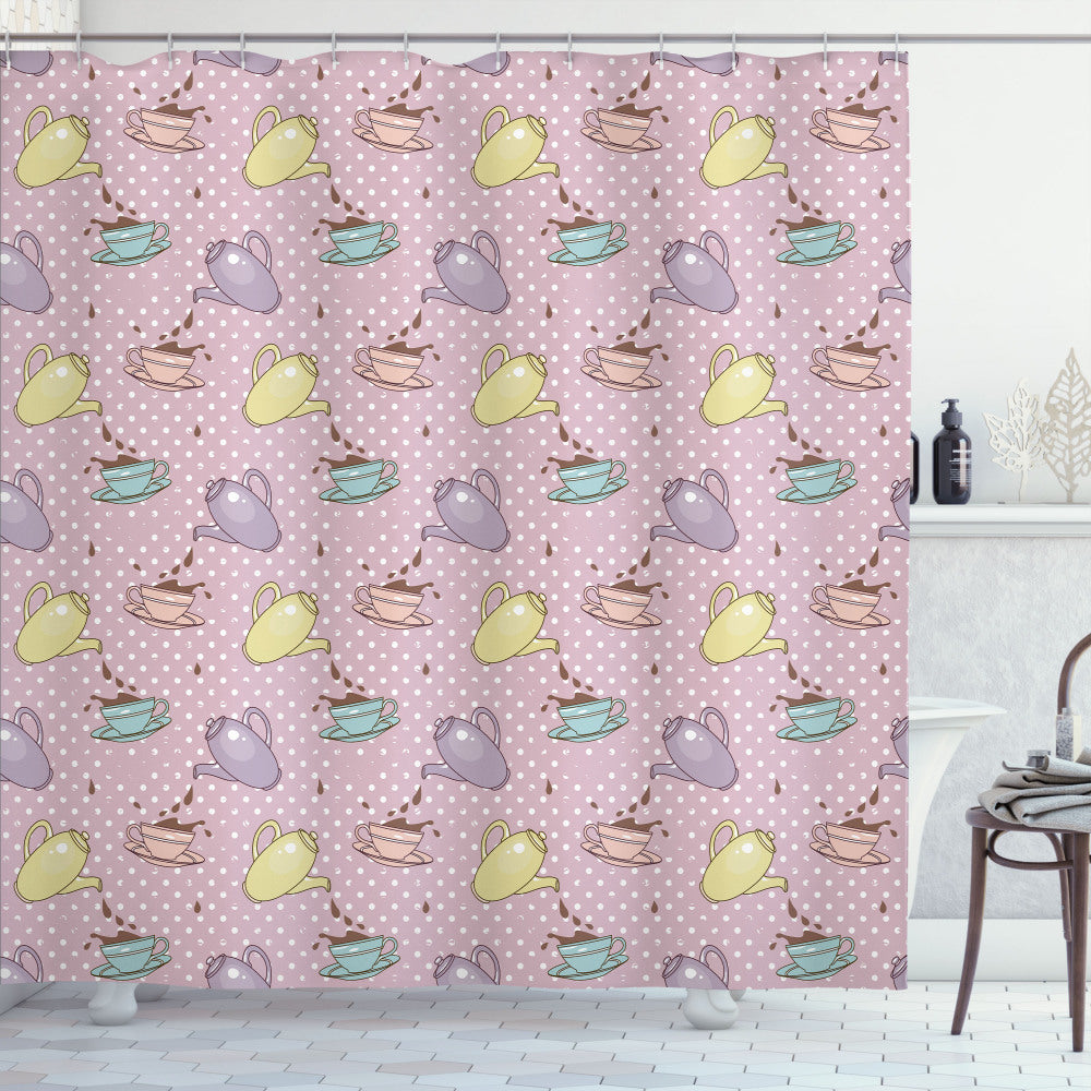 Tea Party Inspired Polka Dotted Pot Cup Bath Curtain in Pale Green, Turquoise, and Lilac