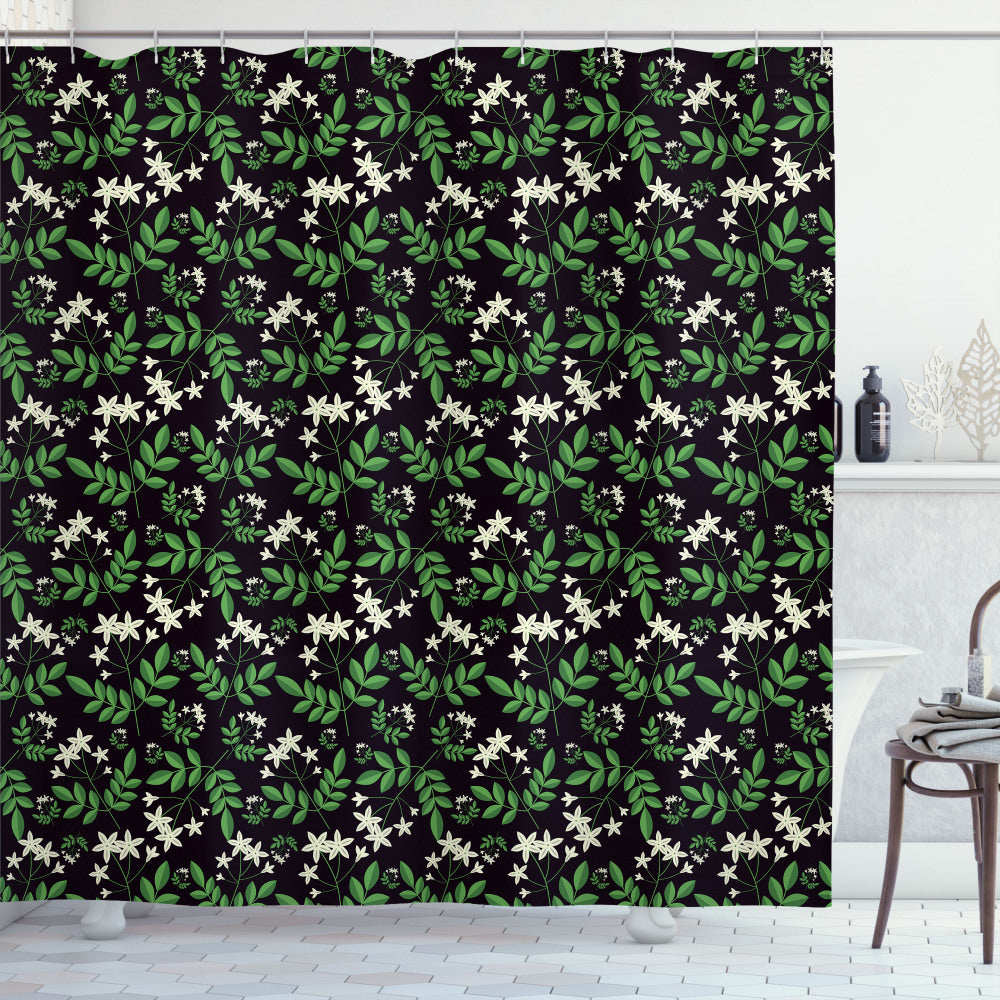 Botanical Branches: Jasmine, Dark Purple, Fern Green, and White Bath Curtain